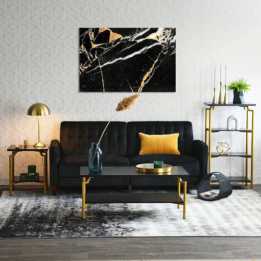 Household Essentials Crown Narrow 4 Shelf Open Storage Bookshelf Black Oak Wood Grain and Gold Metal