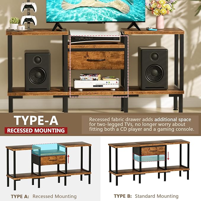 GYIIYUO LED TV Stand with Power Outlet and Fabric Drawer for 55 50 45 Inches TV - Entertainment Center and Industrial TV Console Table for Living Room, Bedroom- 47" Rustic Brown