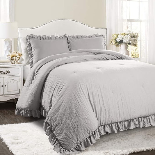 Lush Decor Reyna Ruffle Comforter Set, King, Light Grey, 3 Piece Cozy Bedding Set