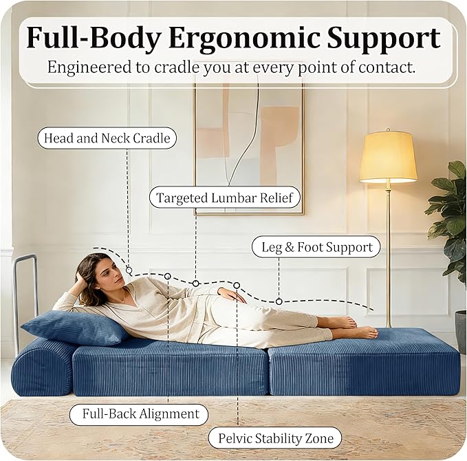 31.5'' Convertible Compressed Corduroy Folding Sofa Bed, Modern Boneless Pull Out Sleeper Sofa Couch in a Box, 3 in 1 Portable Lazy Floor Lounge Chair, No Assembly Needed, Navy Blue, Pillow, Single