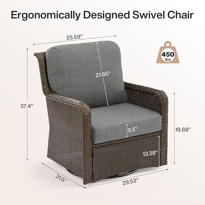 Tribesigns Outdoor Wicker Swivel Chair, Patio Rattan Rocking Chair with Thick Gray Cushions, 360 Degree Swivel Patio Chair for Deck, Backyard, Porch, Garden, Brown/Gray