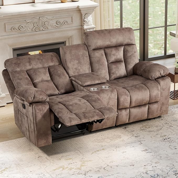 EBELLO Loveseat Recliner Sofa for Living Room, Extra Wide Modern Overstuffed 2 Seat Reclining Manual Sofa Chair, with Hidden Armrest Cup Holders, Breathable Fabric, Brown