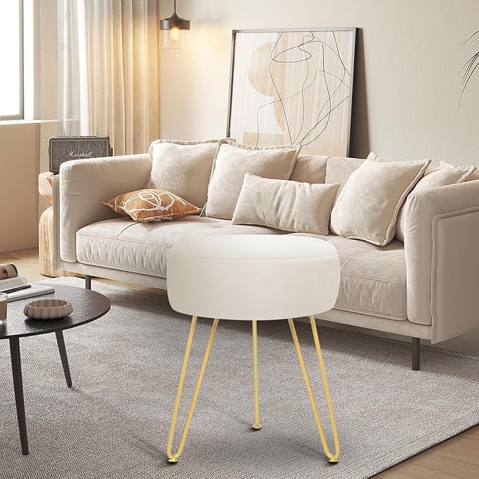 Velvet Soft Modern Vanity Footstool -Round Footrest Stool Ottoman Side Table Seat Dressing with Golden Metal Leg and Sponge Filling,Upholstered Foot Rest,Living Room and Bedroom （Beige）