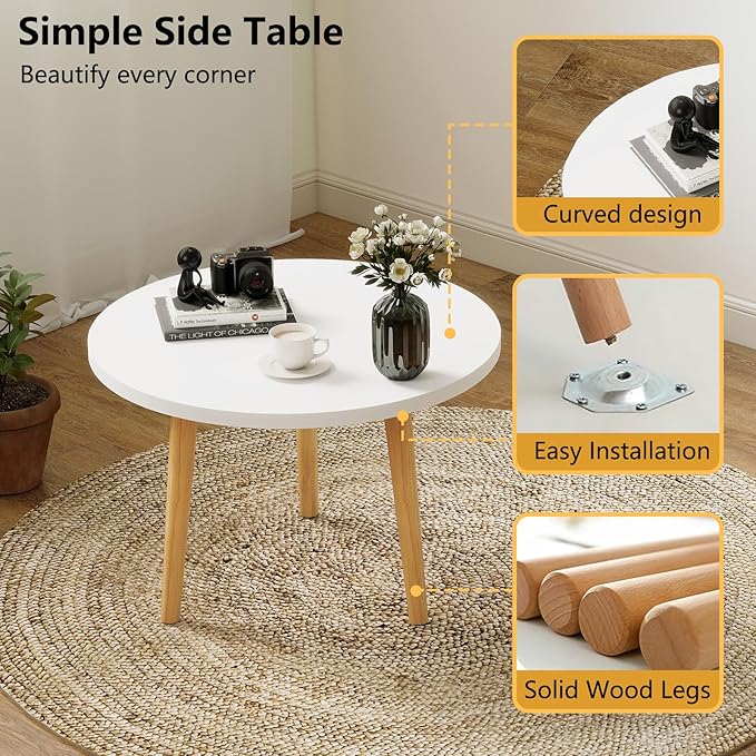 Round Coffee Table Low Table with 3 Solid Wood Sturdy Legs, Floor Table Desk for Sitting on The Floor, Storage and Living Room Furniture (White)