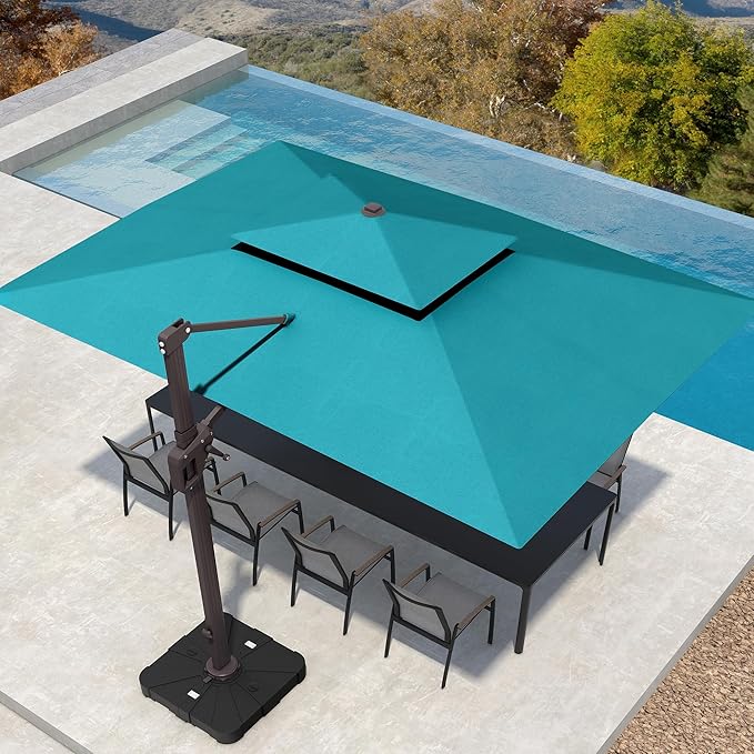 10' X 13' Patio Umbrella with Weighted Base and LED Lights Outdoor Cantilever Large Rectangle Offset Umbrellas Heavy Duty Aluminum Double Top with 360-degree Rotation for Pool Garden Deck, Turquoise