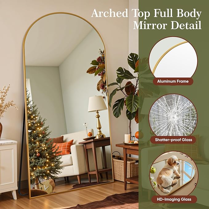 Full Length Mirror, 81"x41" Arched Full Body Mirror, Floor Mirrors with Stand, Body Mirrors Standing Hanging Leaning Against Wall,Aluminum Frame Mirrors for Bedroom Cloakroom,Living Room,Gold