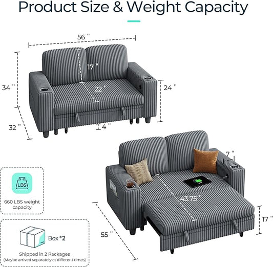 LINSY HOME Sectional Sleeper Sofa Pull Out Couches for Living Room (Grey, Pull Out Couch) | Pull Out Sofa Bed, Storage, USB Charging, Cup Holders, Plush Corduroy | Pull Out Sofa Bed, Storage, USB Charging, Cup Holders, Plush Corduroy