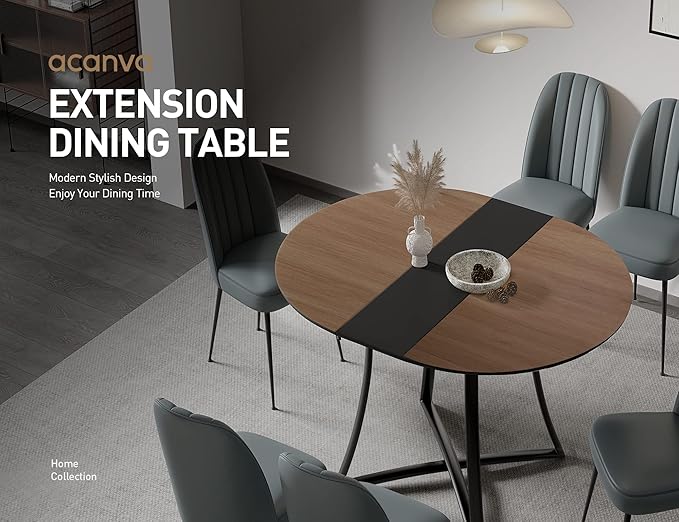 Acanva Extension Oval/Round Dining Table for 6, Expandable Butterfly Leaf & Sturdy Base, Suit for Kitchen, Living Room & Apartment, 46.5”W(+11.8) x 46.5”D x 30.1”H, Light Oak/Black