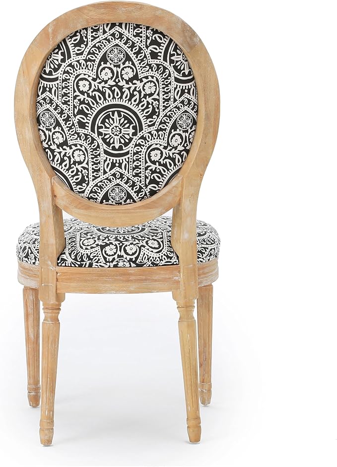 Christopher Knight Home Hulda French Country Fabric Dining Chairs (Set of 4), Black and White Pattern, Natural