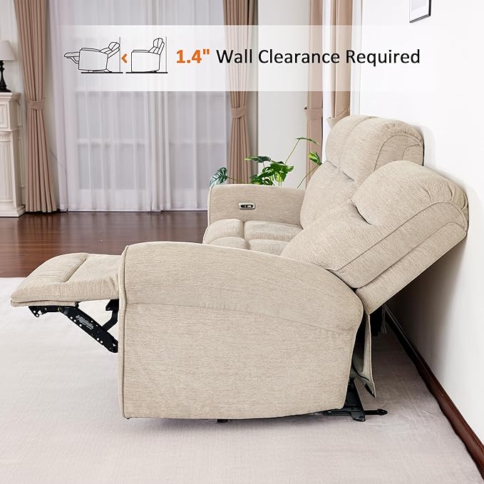 MCombo 87.8" Wall Hugger Power Reclining Sofa, 3-Seat Triple Recliner Couch with USB Ports, Rolled Arm Space Saving Recliner Sofa for Living Rooms Apartments RV, Fabric PR635M5 (Beige) | 1.4" Wall Clearance