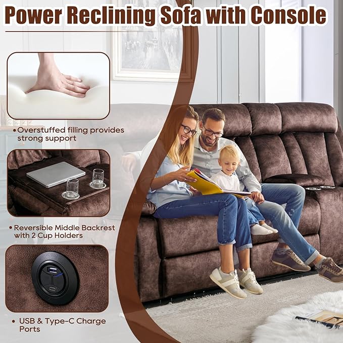 GUEAPY 3 Seat Power Reclining Sofa,Massage Reclining Couch with Heat–Power Reclining Couches with USB/Type-C Ports/Cup Holders/Storage/Console for Living Room,RV,Office, Aprtment (Warm Brown)