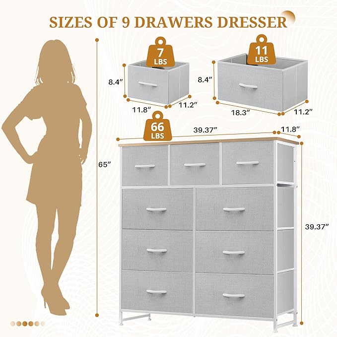 Dresser with 9 Drawers for Bedroom, Fabric Clothes Cabinet for Closet, Anti-Tip Storage Dresser with Metal Frame for Living Room, Entryway, Dorm, Light Grey