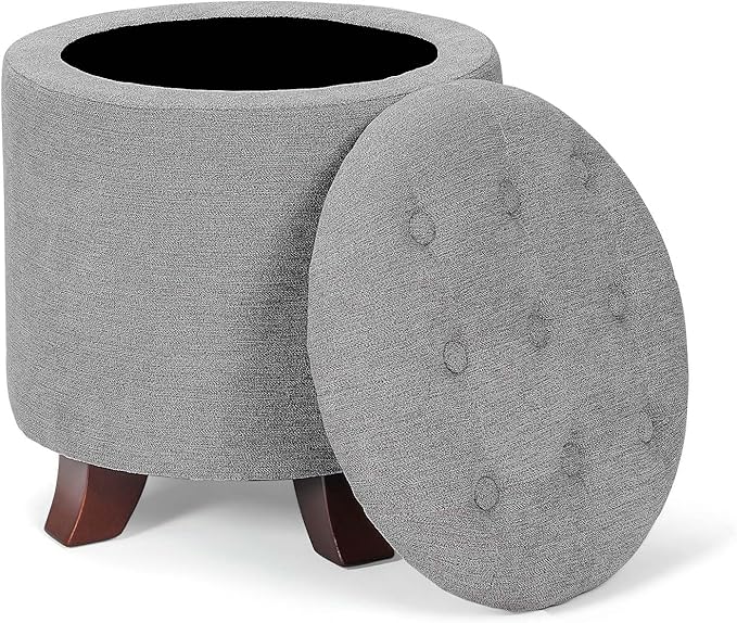 Athena Collection 15 Inch Small Ottoman with Storage, Round Linen Fabric Storage Ottoman Foot Rest with Removable Lid, Multipurpose Footstool Footrest for Living Room, Bedroom, Dorm, Grey