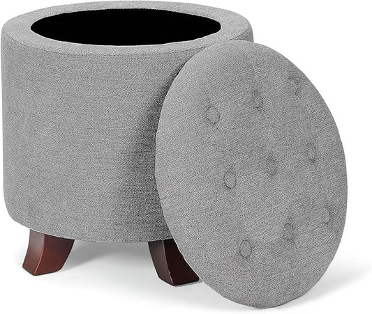 Athena Collection 15 Inch Small Ottoman with Storage, Round Linen Fabric Storage Ottoman Foot Rest with Removable Lid, Multipurpose Footstool Footrest for Living Room, Bedroom, Dorm, Grey