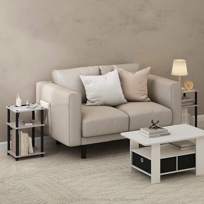 Furinno JUST Side Table Set of 2, 3-Tier Modern End Table with Charging Station, Open Shelf Night Stand, Bedside Table with USB and Type-C Charging Port, for Living Room, Bedroom, Marble White