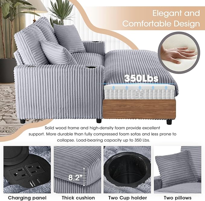 Eafurn 64" Oversized Chaise Lounge Chair Indoor, Plush Corduroy Upholstered Sofa Bed with Pillows & 2 Cup Holders, Extra Wide Deep Seat Sleeper Couch Recliner Chair for Living Room | Removable Cushions, Wooden Frame, Solid Legs