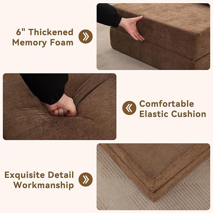 WUTUTUEE Folding Sofa Bed Floor Couch with Pillow, Foldable Chair Bed Convertible Linen Sleeper Chair Futon,Foldable Memory Foam Mattress for Bedroom/Living Room/Dorm/Office (Brown, Queen)