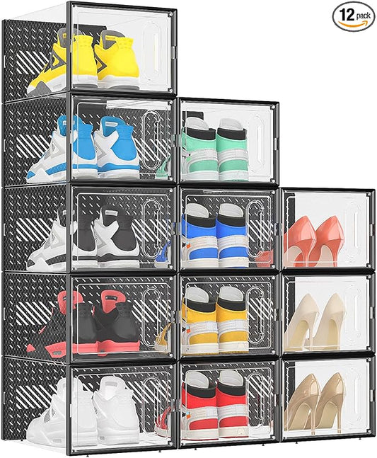 eWonLife X-Large Shoe Boxes with Magnetic Door, 12-Pack Stackable Shoes Storage Organizer for Closet, Clear Plastic Sneaker Container Shoe Rack for Size 12, Black