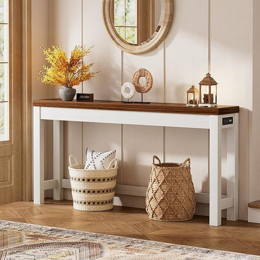 Cyclysio 63" Console Tables for Entryway, Long Console Tables for Living Room, Behind Couch Table, Sturdy Wood Support Farmhouse Entryway Table with 3AC+2USB Charging‌ Station, Rustic Oak