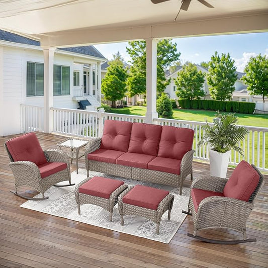Belord 6 Pieces Patio Rocking Chairs Outdoor Furniture Set with Outdoor Couch and Ottoman Conversation Patio Furniture Set Perfect for Deck Sunroom Backyard Gray/Red