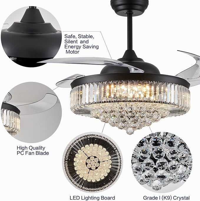DuMaiWay 52" Dimmable Chandelier Ceiling Fan with Lights,Retractable Crystal Ceiling Fan Chandelier with Remote Control LED Light for Bedroom Living Room Polished Chrome Black 6 Speed 3 Light