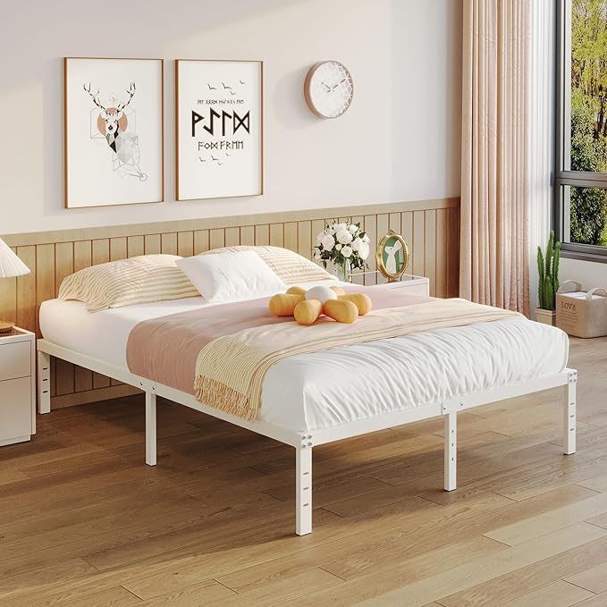 14 Inch Queen Bed Frame No Box Spring Needed, Heavy Duty Metal Bed Frame Queen Size with Large Underbed Storage Space, Noise Free, Easy Assembly, White