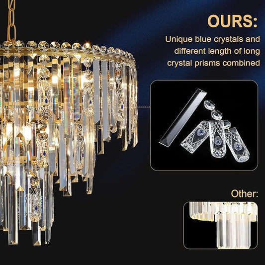 Gold Crystal Chandeliers, 24” Modern Round Chandelier for Dining Room 3 Tiers 12 Lights Ceiling Pendant Light Fixtures Large Ceiling Chandeliers for Foyer Living Room Bedroom