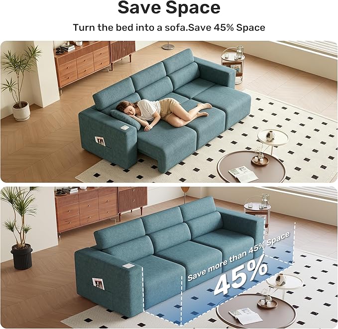122” Electric Pull Out Sleeper Sofa Bed, 3-Seat Recliner Sofa Modular Couch with Bluetooth Stereo, Wireless Charging, Side Pocket, Power Recliner Couch for Living Room, Home Theater, Apartment(Blue)