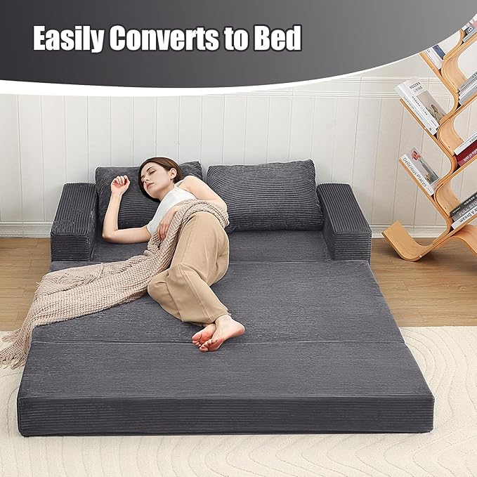 COMAX Futon Sofa Bed, 4‑in‑1 Convertible Sofa Bed, Boneless Couches for Living Room, Fold Out Small Foldable Loveseat Space‑Saving, Grey