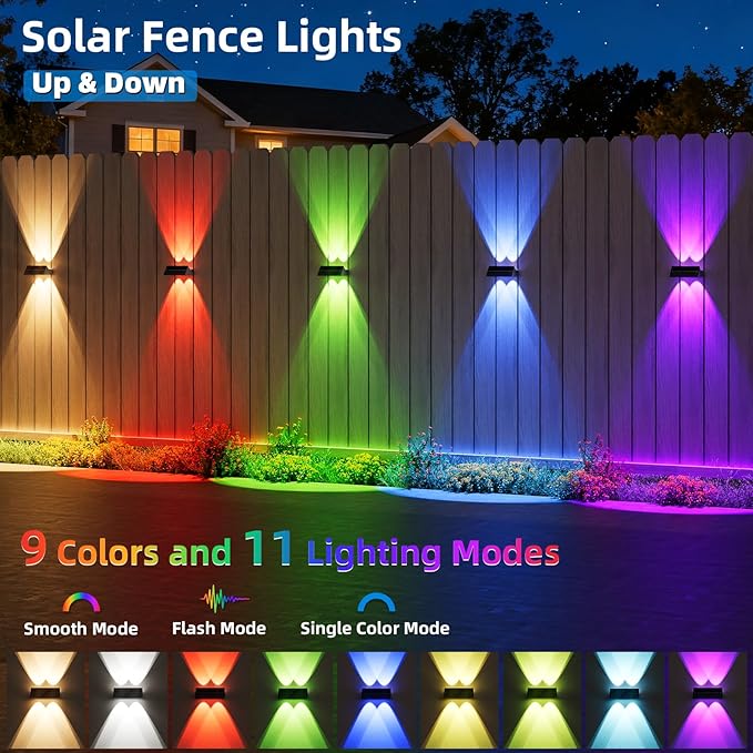 NIORSUN Solar Fence Lights Outdoor, 6 Pack Up and Down Waterproof Solar Wall Lights, Warm & Cool White + RGB, Fence Lights with Lens, Dusk to Dawn Lighting for Patio, Backyard, Pool, Railing (Black)