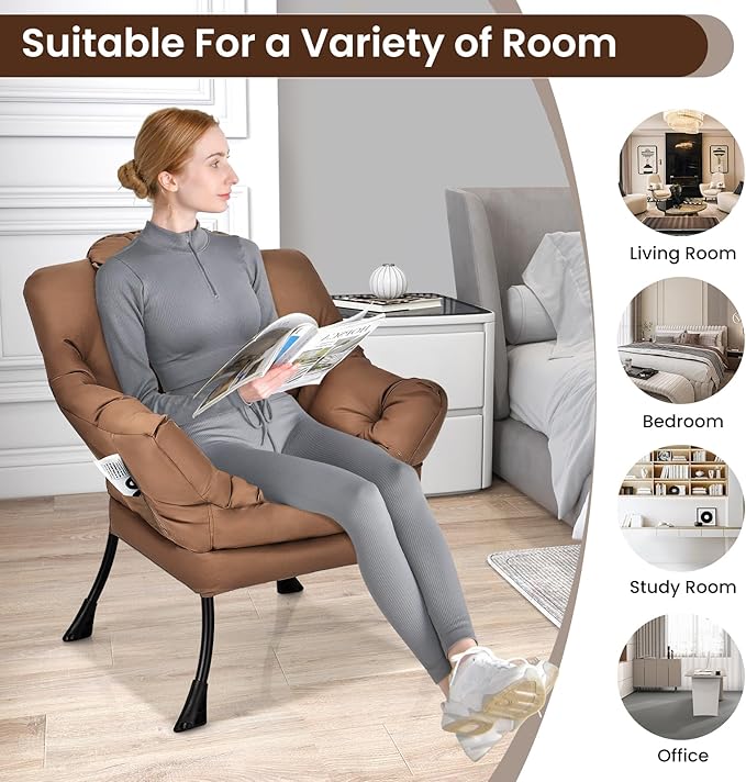 GORELAX Modern Lazy Chair,Upholstered Lounge Accent Chair, Single Leisure Sofa Chair with Armrests & Side Pocket, Comfy Reading Chair for Bedroom, Living Room, Dorm Room (Brown)