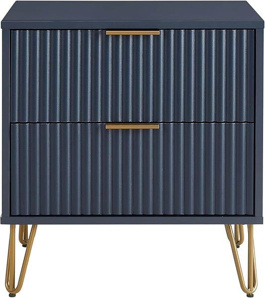 Manhattan Comfort Dumbo Fluted Nightstand with 2 Drawers, Gold Metal Legs and Metal Handles, Snap Tool-Free Assembly, Modern Bedside Accent Table with Storage for Bedroom, Living Room in Midnight Blue