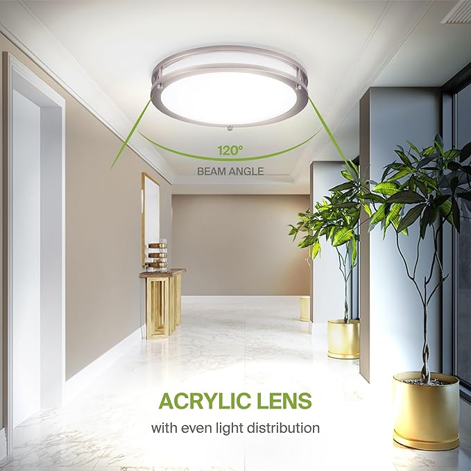 ASD LED 12" Round Flush Mount Lighting, Close to Ceiling Light Fixture | 3CCT, Dimmable, Energy Star, ETL Listed | 20W 1580LM 3000-5000K 100-277V | Low Profile Double Ring Lamp | Nickel