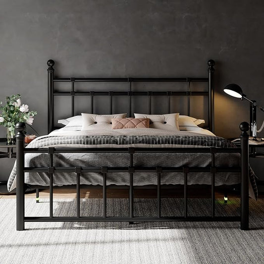 Feonase Full Size Metal Platform Bed Frame with Victorian Classic Iron-Art Headboard & Footboard, Heavy Duty Slats, 12" Under Bed Storage, No Box Spring Needed, Easy Assembly, Noise-Free, Black