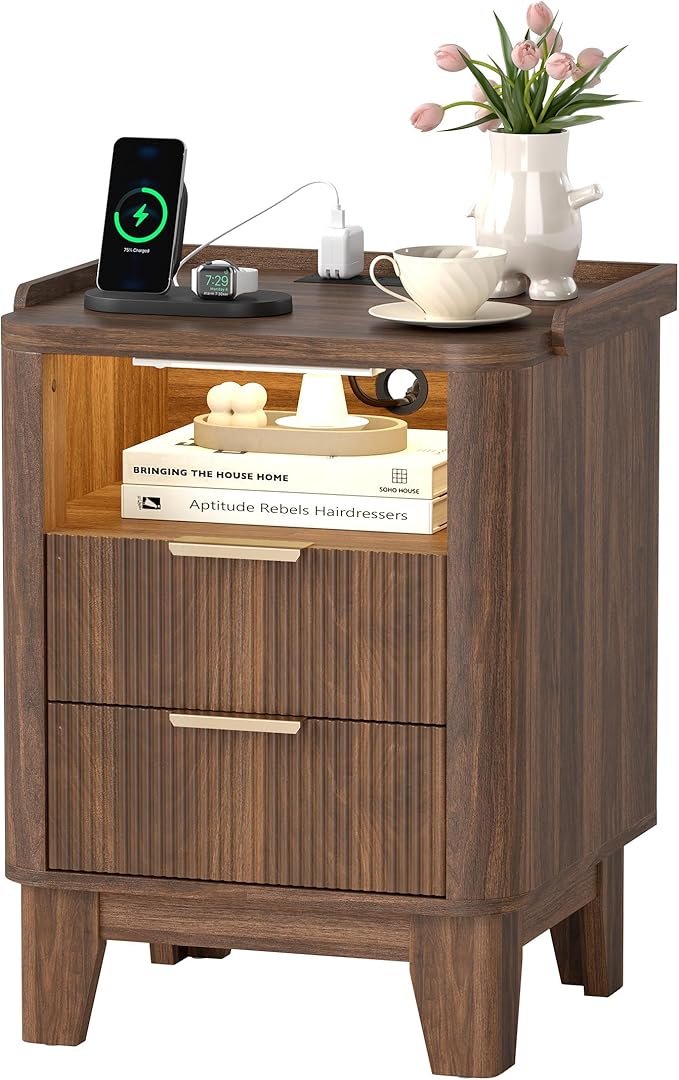 Night Stand with Charging Station, Fluted Nightstand with 2 Drawers and LED Light, Wood Bedside Table with Open Storage for Bedroom, Walnut