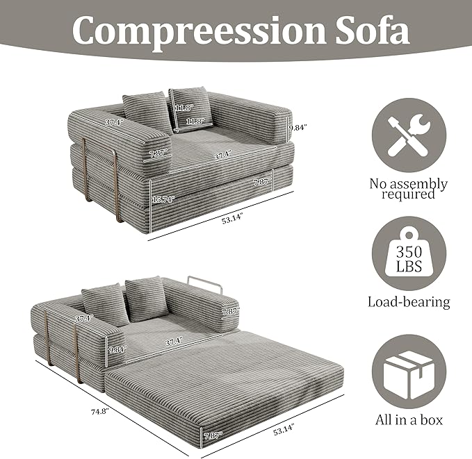BSHOMGI 4 in 1 Futon Sofa Bed Queen Size - Foldable Convertible Sleeper Sofa Couch with L-Shaped Support, Removable Washable Floor Space Saving for Bedroom & Dorm (Light Gray, 53.15" Double Sofa)