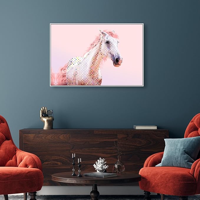 Country Farmhouse Canvas Print Painting Animal Wall Art 'Pink Glam Horse' White Framed Canvas Rustic Home Décor 45x30 in Pink, White by Oliver Gal