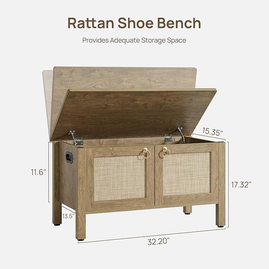 SICOTAS Rattan Shoe Bench - 2 Pieces Farmhouse Shoe Organizer Bench with Lift Top Storage and Hidden Cabinet, Boho Shoe Rack Cabinet for Entryway, Hallway, Bedroom (Carbon Cherry)