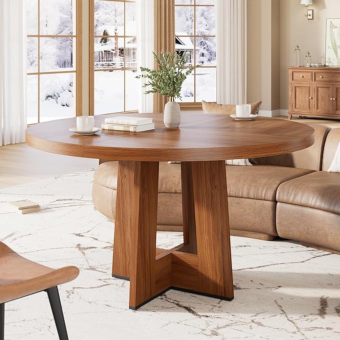 IDEALHOUSE 47" Round Dining Table, Kitchen Table for 4-6 People, Circle Tables with Sturdy Pedestal Base, Space Saving Dinning Room Furniture for Living Room, Kitchen, Brown