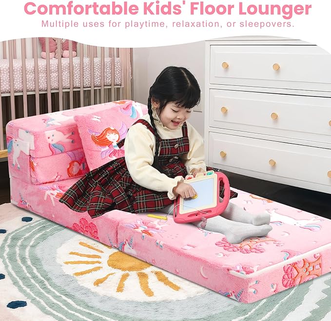 MeMoreCool Foldable Futon Chair Bed for Kids, Glow Tri-fold Sofa Bed Convertible Toddler Sofa Mattress, Foam Floor Couch for Sitting, Pink