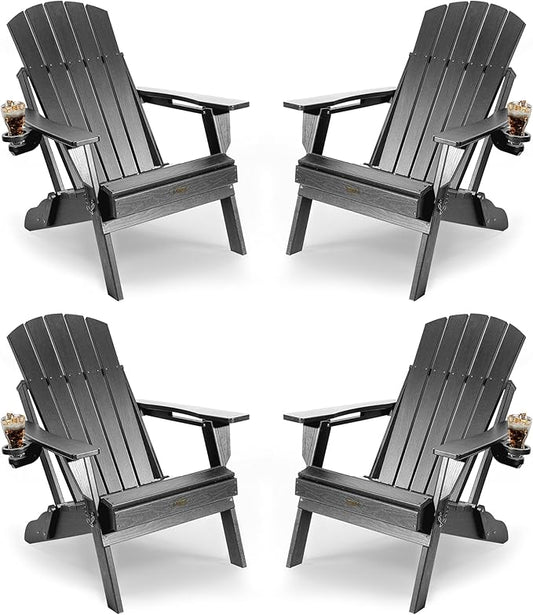 Adirondack Chair with Cup Holder: Adirondack Chairs set of 4 Plastic HDPE Material Furniture - Composite Fire Pit Chairs Foldable for Outdoor/Backyard/Garden/Lawn/Deck/Porch/Patio