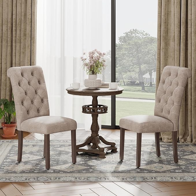 Upholstered Tufted Dining Room Chairs Set of 2, Parsons Kitchen Chairs with Padded Seat and Solid Wood Legs, Fabric Accent Side Diner Chair for Dining Room/Kitchen/Living Room, Camel