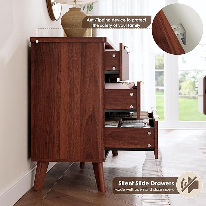 Garvee 6 Drawers Dresser for Bedroom, 47.2" Wide Dressers with Curved Profile Design, Fluted Wood Drawers with Gold Handle, Modern Chest of Dressers with Thickened Design for Living Room, Walnut
