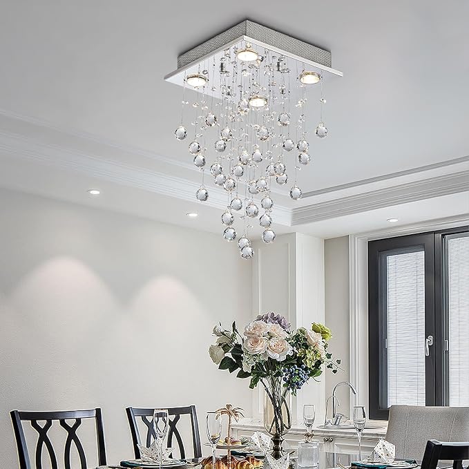 Bestier Chrome Modern Crystal Square Raindrop Chandelier Lighting Flush Mount LED Ceiling Light Fixture Pendant Lamp for Dining Room Bathroom Bedroom Livingroom 4 GU10 Bulbs Required 12" Wide 20" High