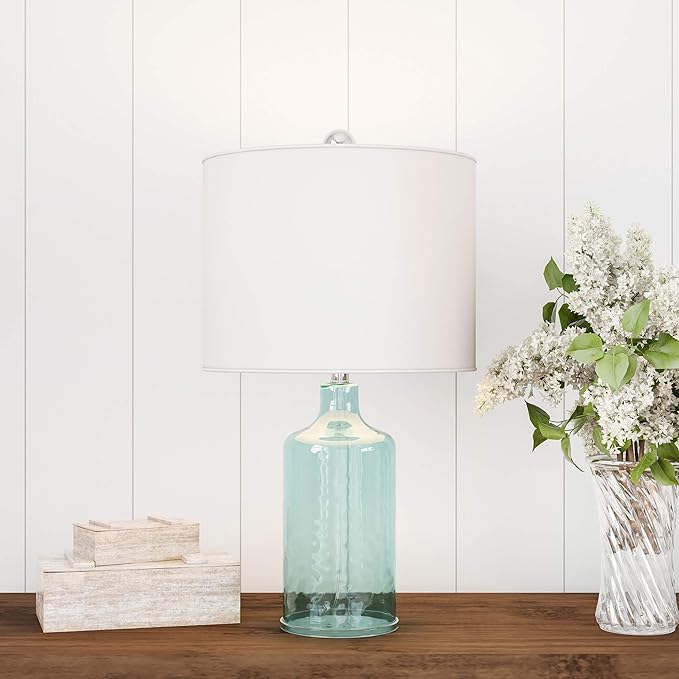 Table Lamp - Clear Glass Lamp with Open Base, LED Bulb, and Shade - Decorative Lighting for Coastal, Nautical, or Cottage Decor by Lavish Home (Blue)