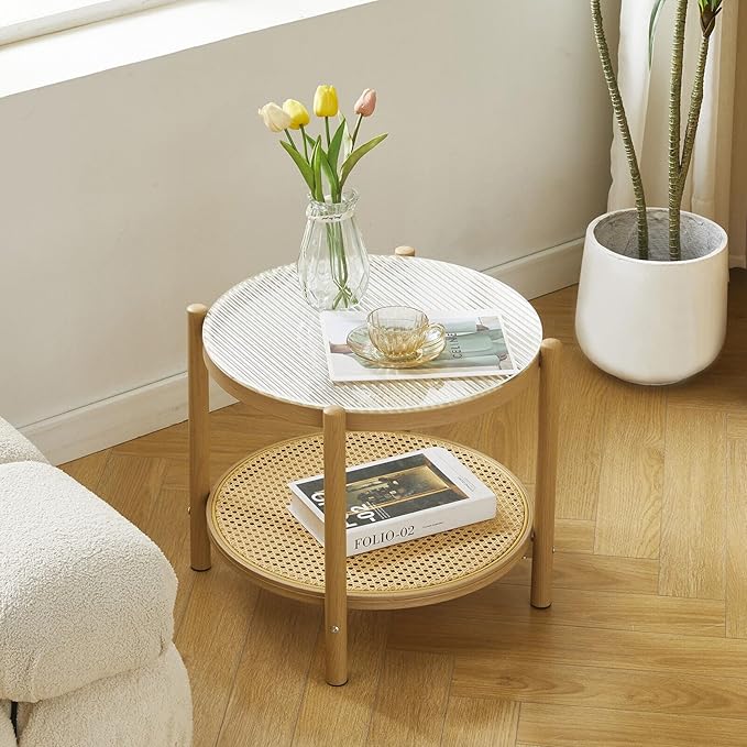 COSVALVE 19.6" Boho Rattan Coffee Table, Round Glass Metal End Table, Modern Simple 2 Tier Side Table for Sofa Bed Side Small Space Living Room Bedroom Office Meeting Room