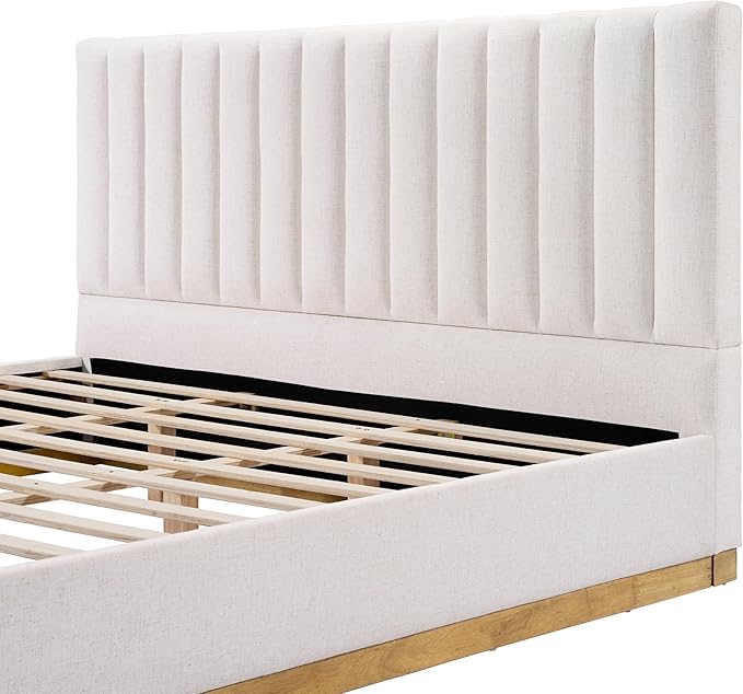Merax King Bed Frame Upholstered Platform Bed with Linen Headboard, Wing Edge Design/Non-Slip and Noise-Free/Wooden Slats Support/No Box Spring Needed/Easy Assembly,King
