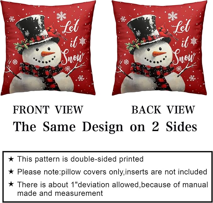 Red Christmas Pillow Covers Snowman Throw Pillow Covers Xmas Tree Pillow Case 16x16 Winter Snowflakes Cotton Blend Cushion Case for Holiday Decor Couch Sofa 2 Pack