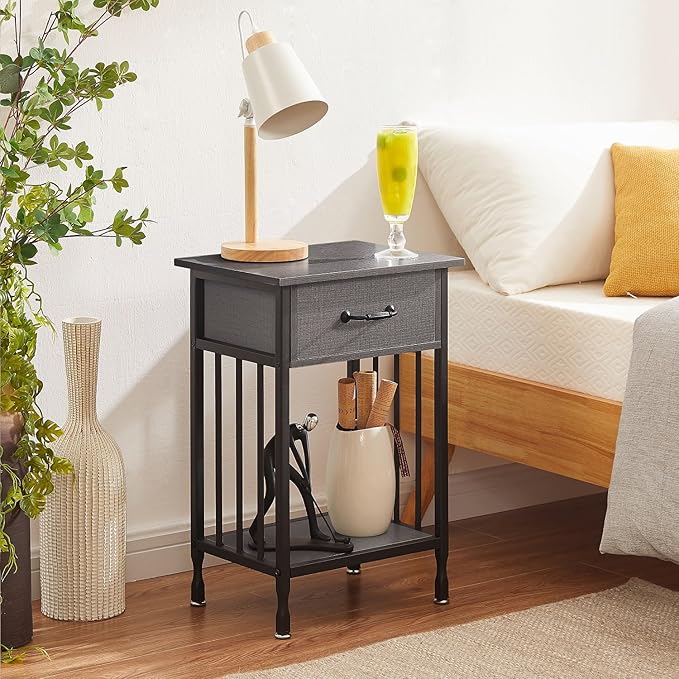 VECELO Nightstands, Industrial Side Table/End Tables with Drawer and Storage Shelf, Night Stands for Bedroom, Living Room, Wood Metal Furniture, Easy Assembly,Hemp Gray,1 Set
