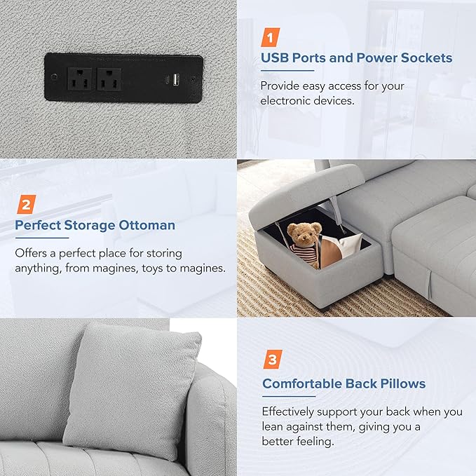Merax Sofa Bed Sleeper Couch L Shaped Sofa with Storage Ottoman, L-Shape Sectional Couch with 2 USB Ports, 2 Power Sockets for Living Room and Small Apartment (Gray)